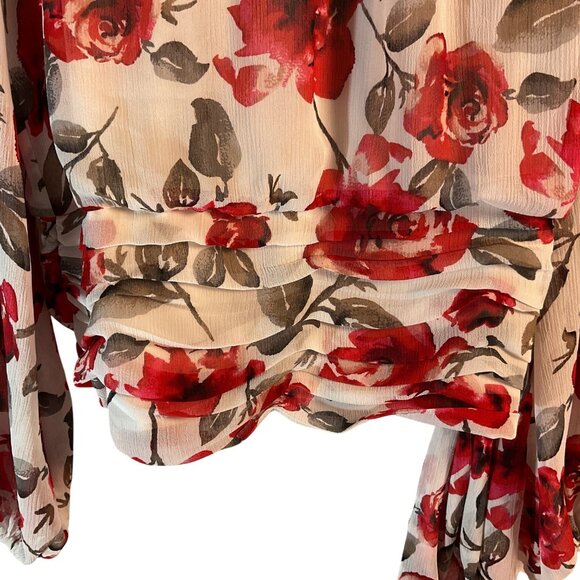 White House Black Market Rose Floral Sheer Blouse Top Lined Cami Ruched Waist - Picture 4 of 8